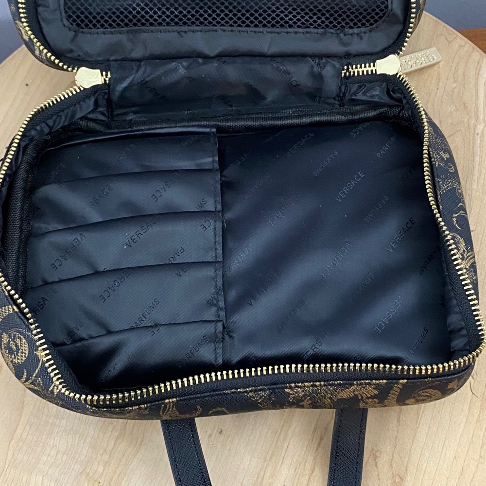 Versace Parfums Black Gold-Tone Travel Makeup Toiletry Case Cosmetic Pouch Bag - Picture 9 of 16